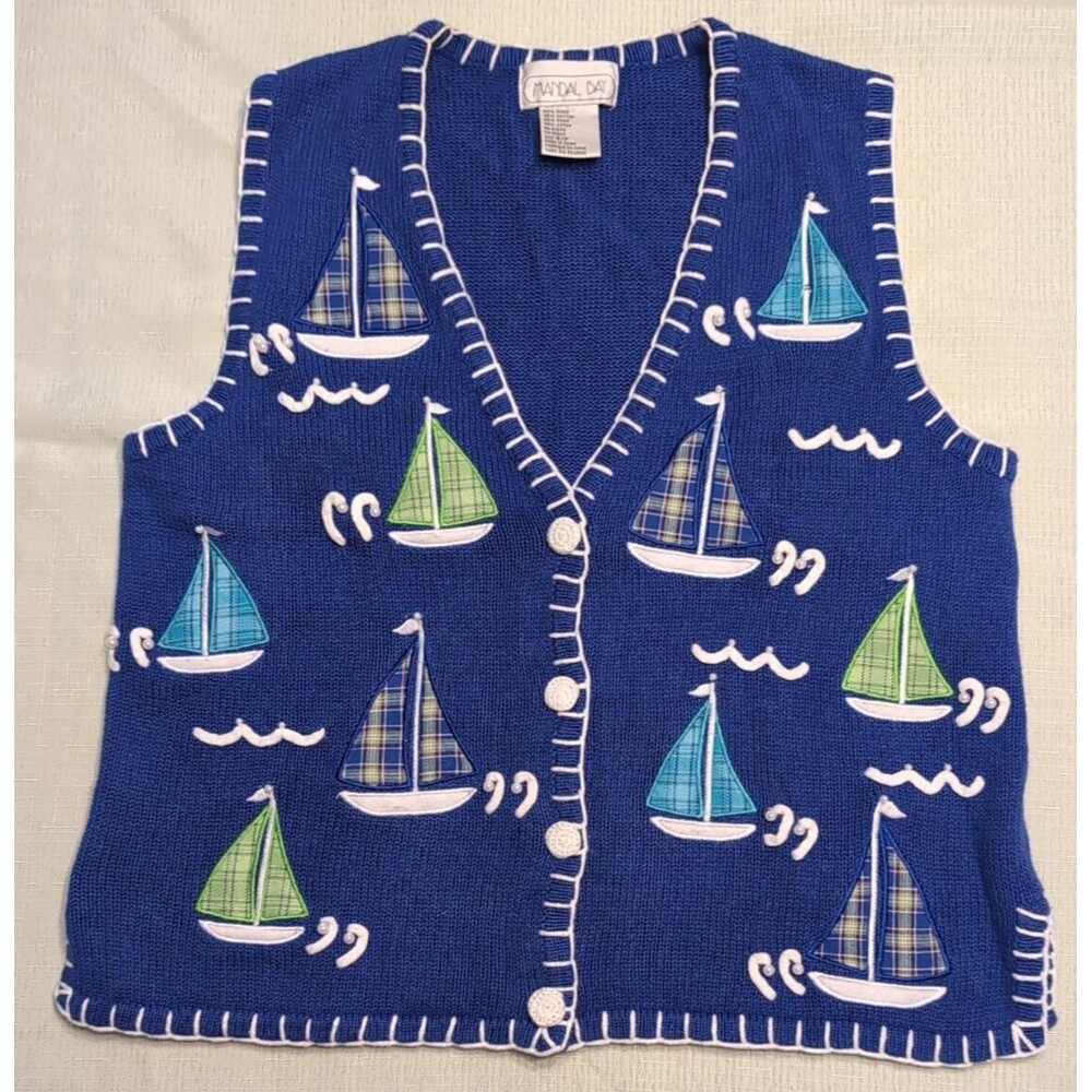 Mandal Bay Women's Size Small Blue Sweater Vest Sail Boats Cruise